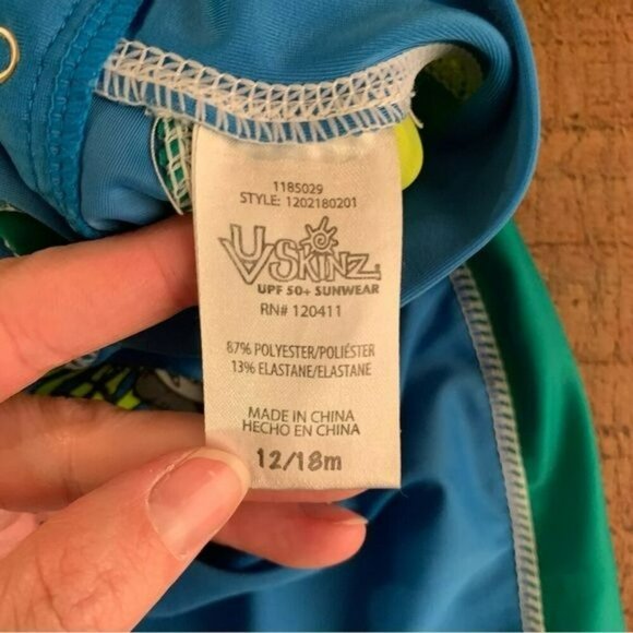 UV skins boys rashguard with surfing dinosaur in blue and green -12/18M - Picture 6 of 8